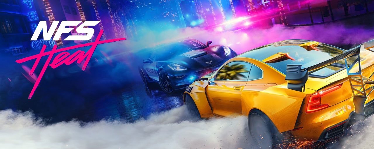 A yellow racing car in face of a police car in street at night, with the atmosphere illuminated with red and blue lighting of the police car light